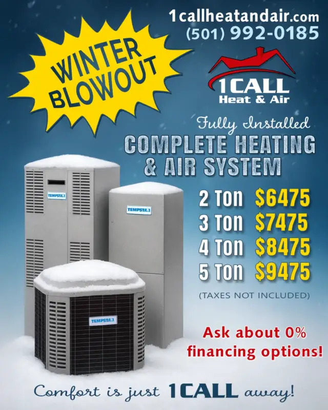 Winter Blowout! Fully installed, complete heating and air system starting at $6475!